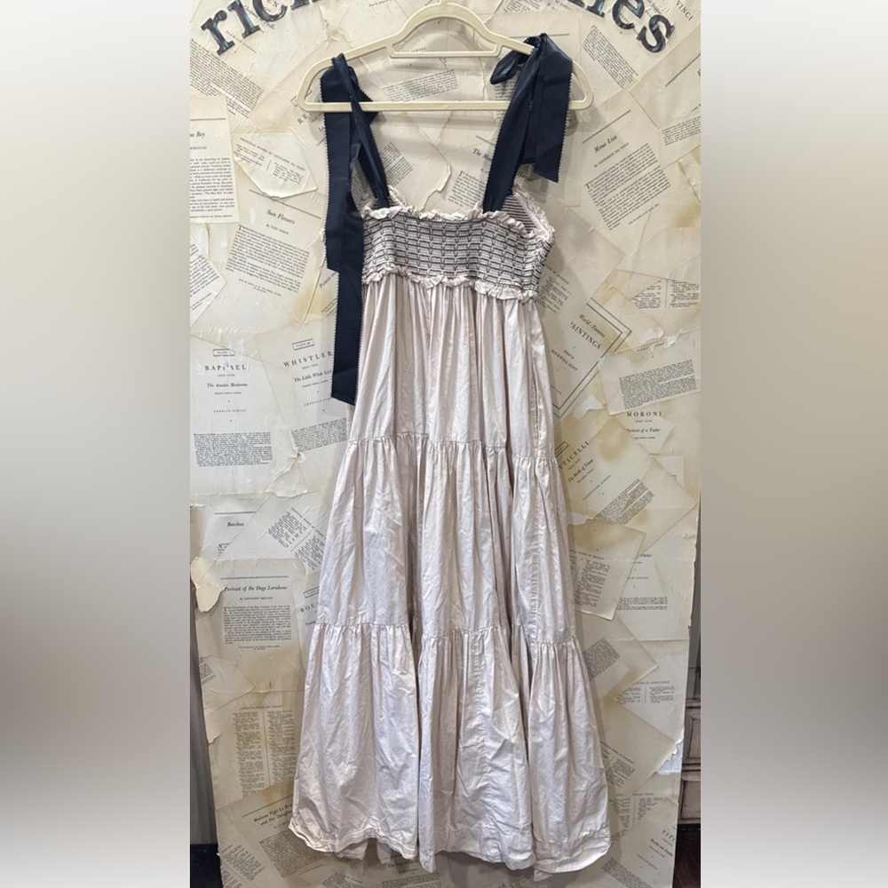 Free People Bluebell Maxi Dress Tiered Floral Smocked Top Tan Navy Combo - Picture 6 of 6